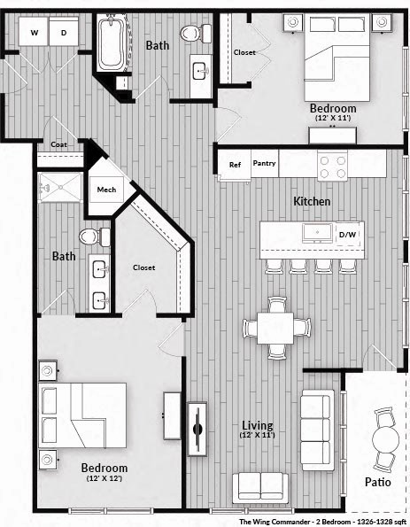 Floor plan for 2 beds, 2 baths, 1328 sqft